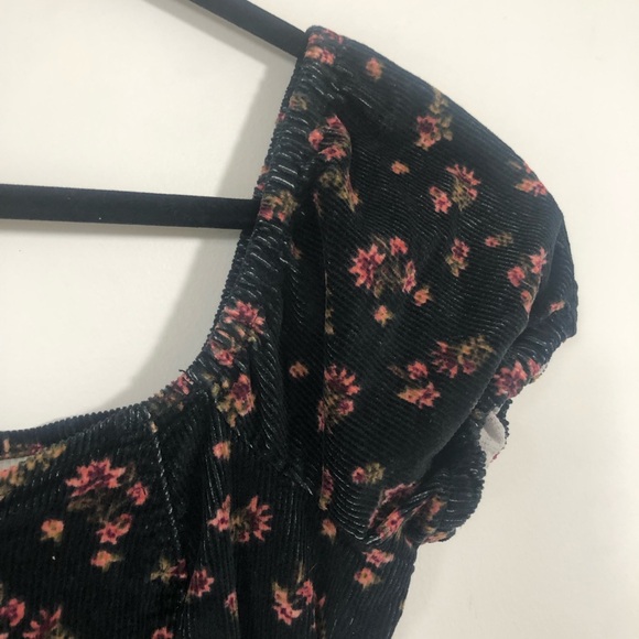 Black Floral Whimsygoth Puff Sleeve Corduroy Mini Dress Sweetheart Neck. Size L - Picture 10 of 16